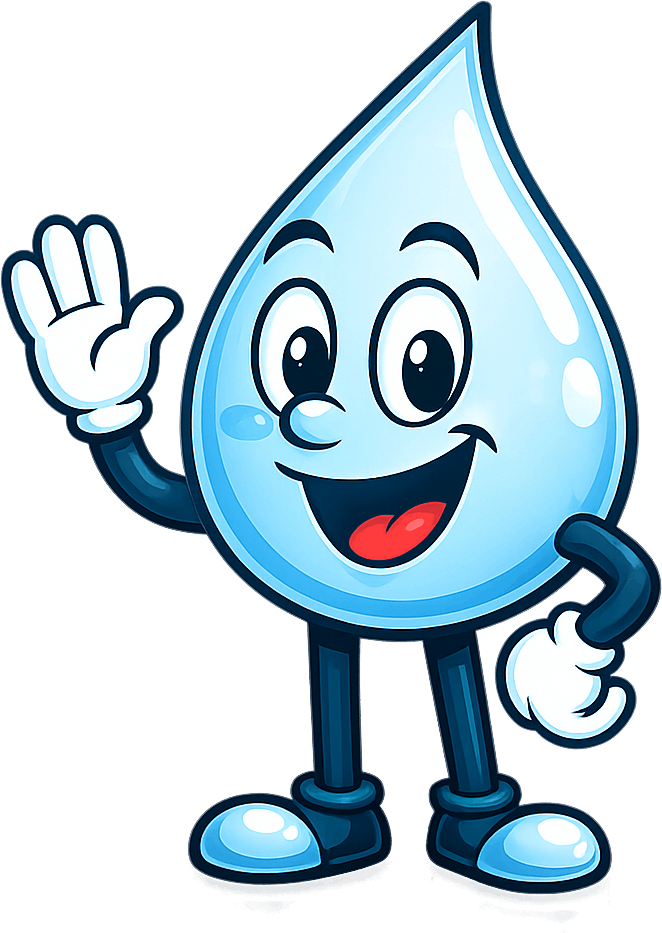Image of a cartoon water droplet waving hello and smiling.