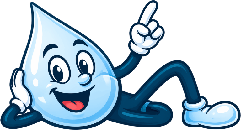 A cartoon image of a water droplet lounging and pointing up.