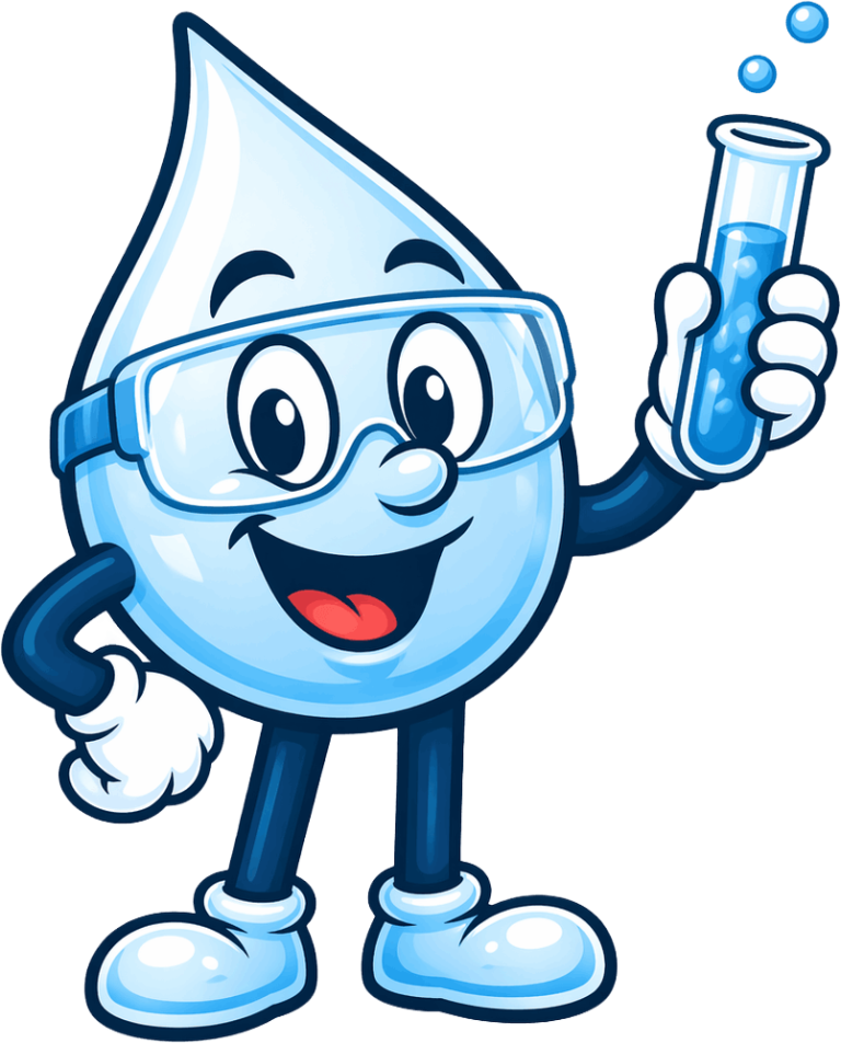 Image of a happy cartoon water droplet, smiling and holding a test tube.